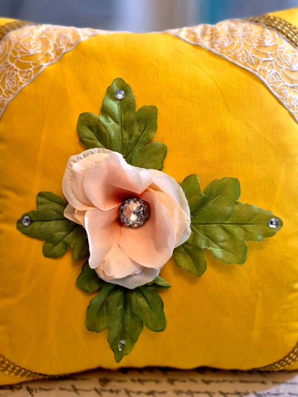 Handmade 16X16 Floral Decorative Throw Pillow Yellow.